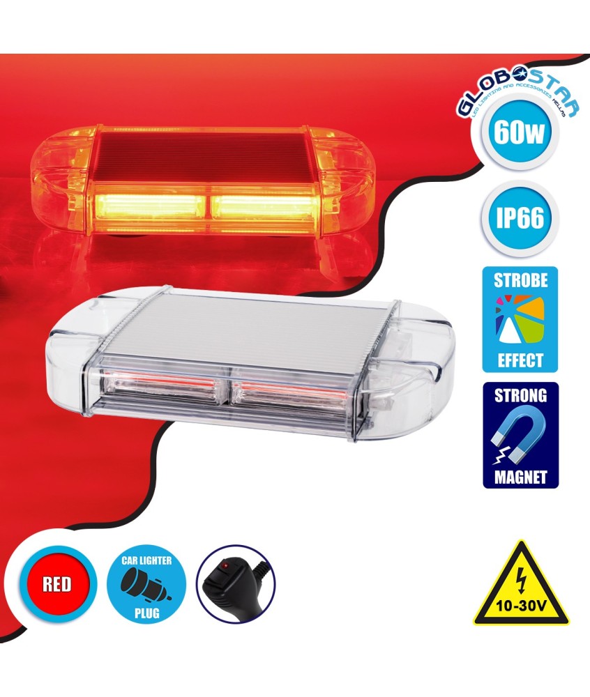 GloboStar® 85174 PRO Series Φάρος Σήμανσης Οχήματος Πυροσβεστικής για Αυτοκίνητα & Φορτηγά 6 Προγραμμάτων Φωτισμού STROBE LED COB 60W DC 10-30V Αδιάβροχος IP66 Κόκκινο